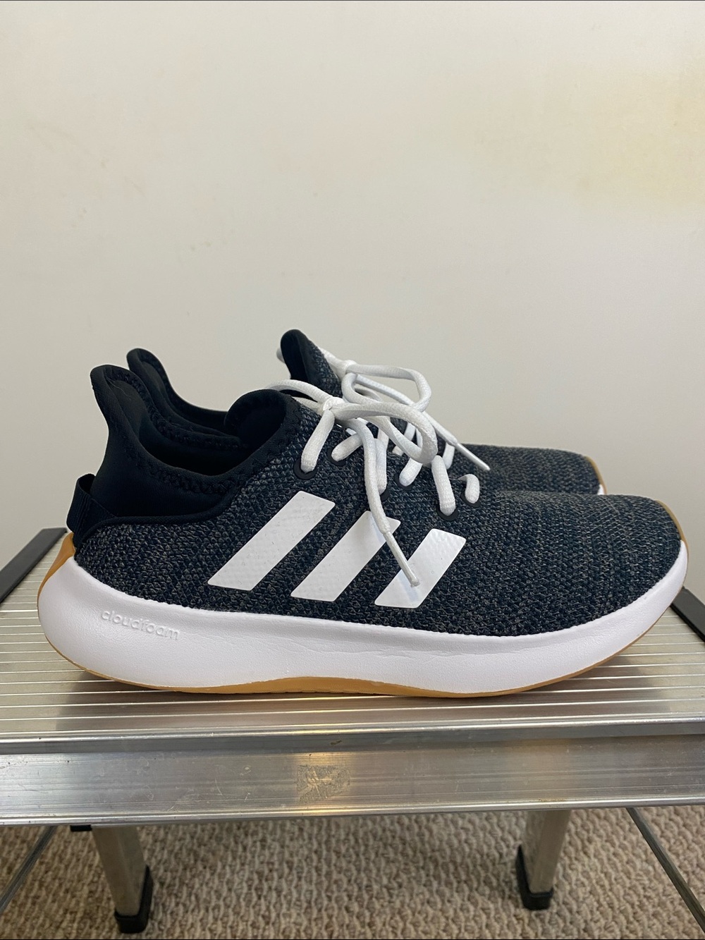 adidas women’s Cloudfoam Black Knit Sneakers with White Stripes and Gum Sole NEW